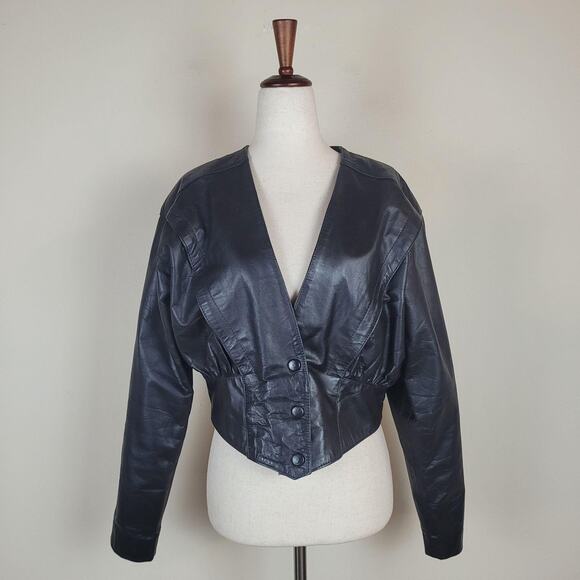 Code Nouveau Jackets & Blazers - Vintage Black Leather Jacket Med Statement Rocker 80s Cropped Retro Edgy Biker